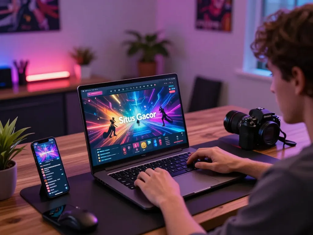 Engaging in situs gacor gameplay on a vibrant online casino setup showcasing thrilling graphics.