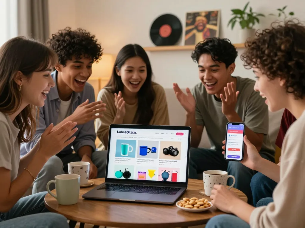 Group enjoying shopping on https://hubet88.icu/ together, excitedly discussing new products.