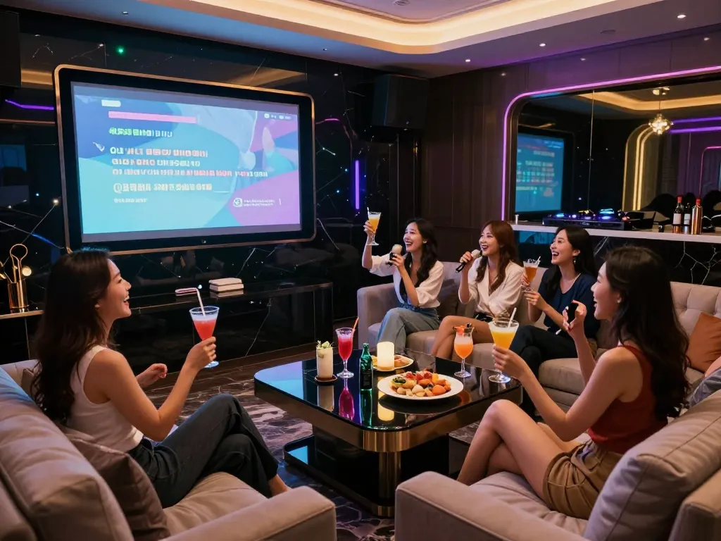 강남의 럭셔리 노래방에서 친구들과 함께 즐기는 생동감 넘치는 분위기, 세련된 장식과 축제 같은 분위기를 자랑하는 https://www.gangnamtune.com/perfect의 경험.