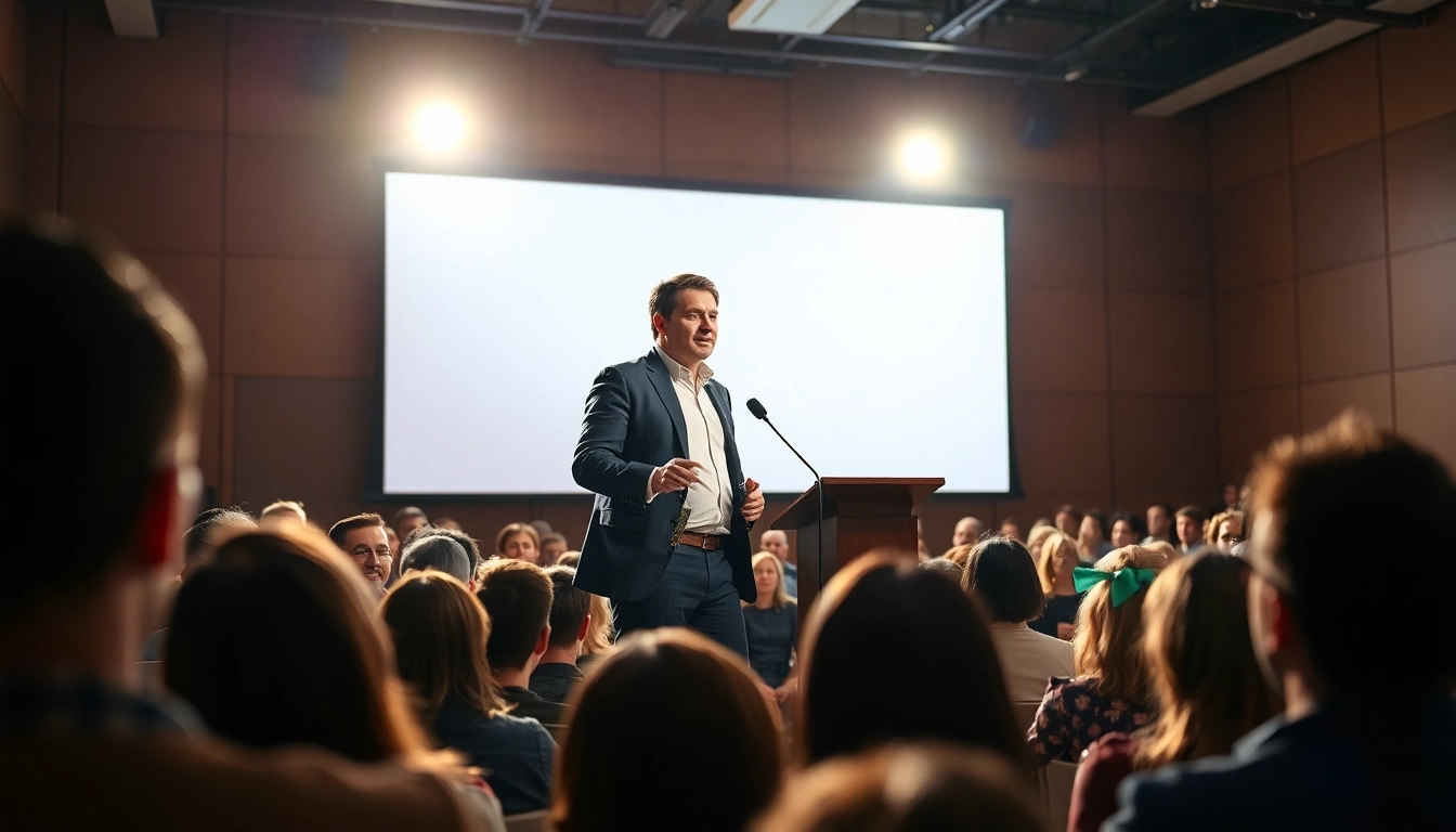 Keynote Speaker engaging an audience with an impactful presentation in a vibrant setting.