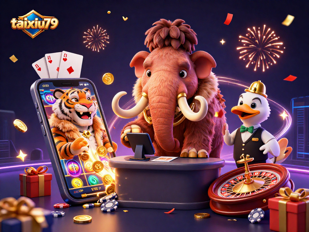 Experience thrilling gameplay with taixiu79 at the casino, guided by a mammoth bouncer and tiger guest.