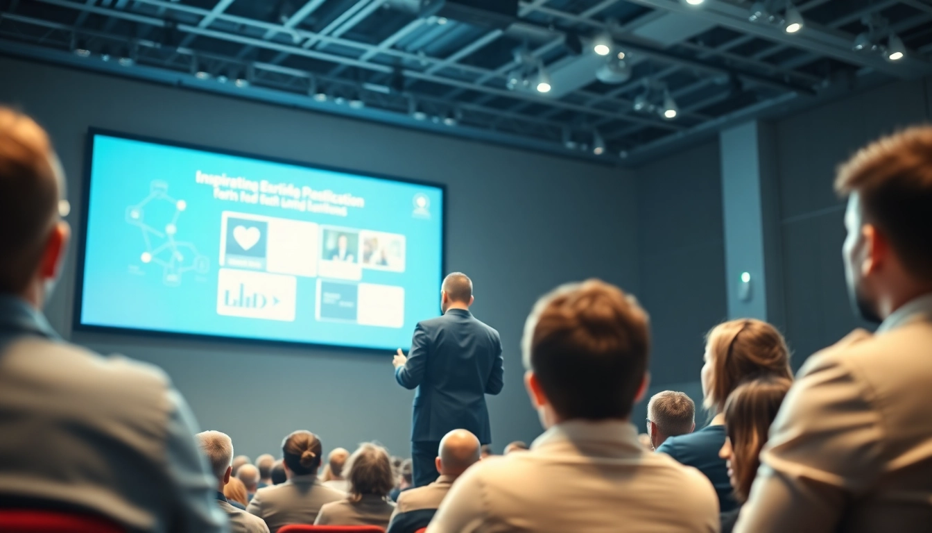 Keynote Speaker presenting to an engaged audience in a conference hall with visual aids.