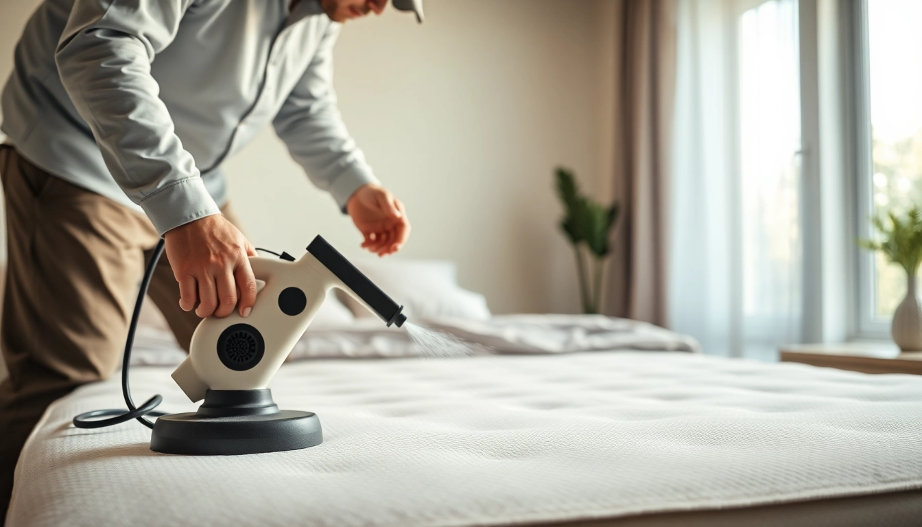 Bed bug services near me by a professional exterminator demonstrating treatment in a clean home.