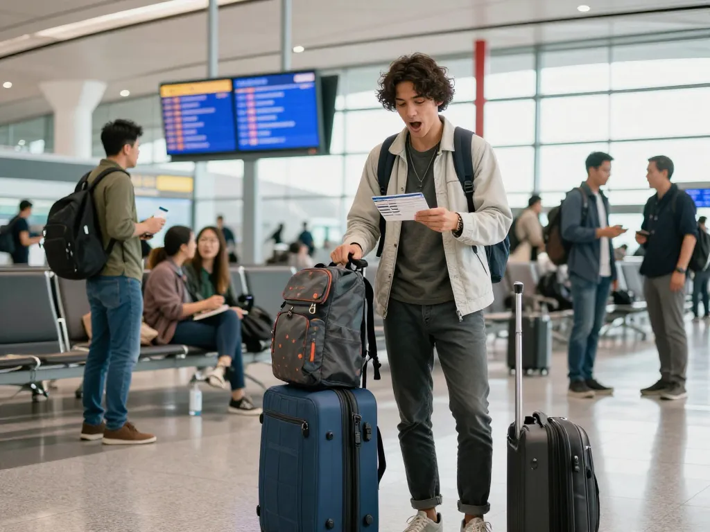 Traveler at airport excitedly preparing for flight on 789P Dreamliner, showcasing vibrant atmosphere.