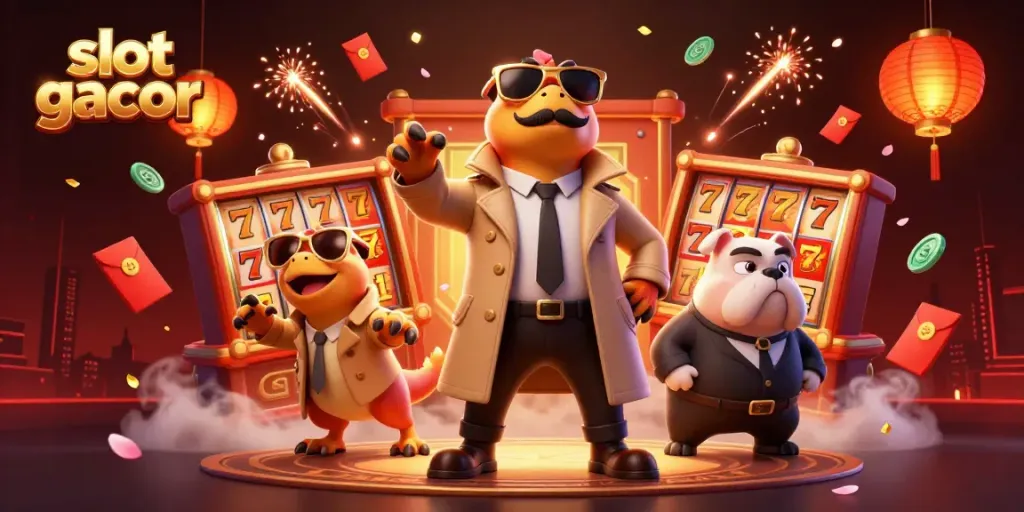 Experience thrilling action in a slot gacor scene with three raptors and dynamic casino elements.