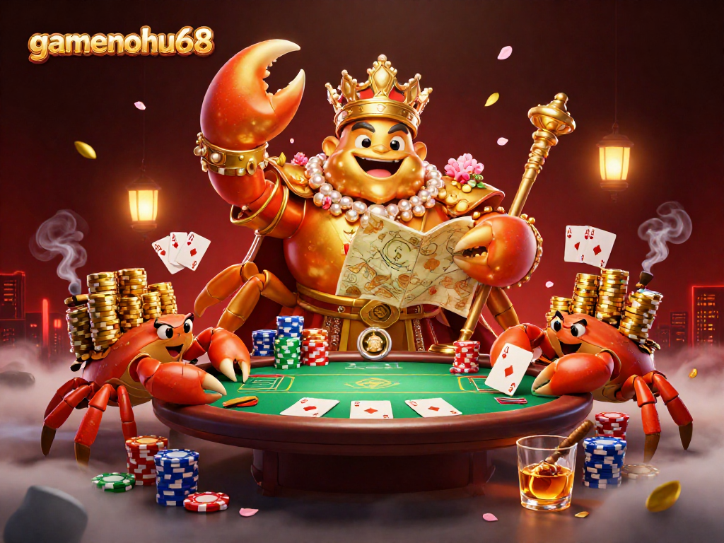 Join the adventure with gamenohu68, where a golden crab emperor navigates the poker world of riches!