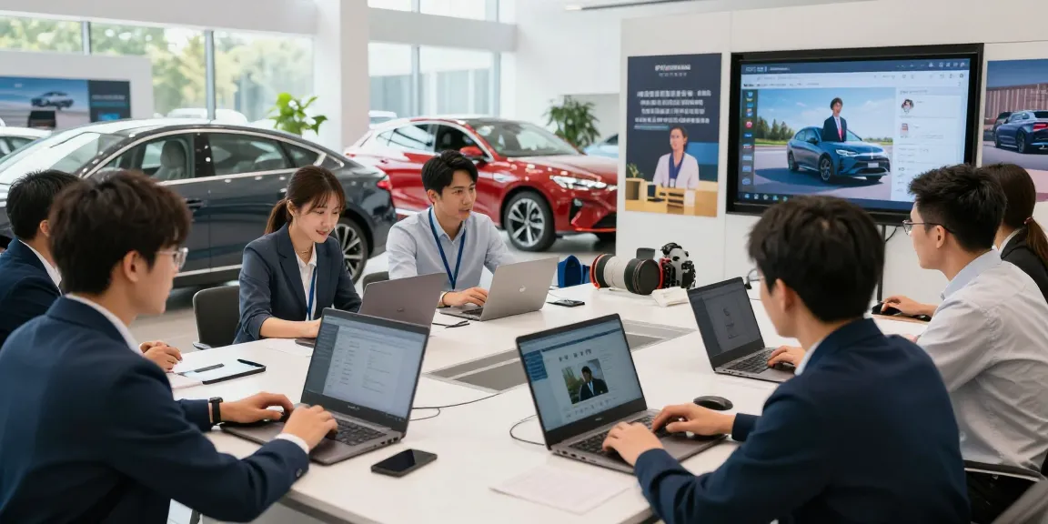 AI-powered car sales training session with diverse team using innovative software for improved performance.