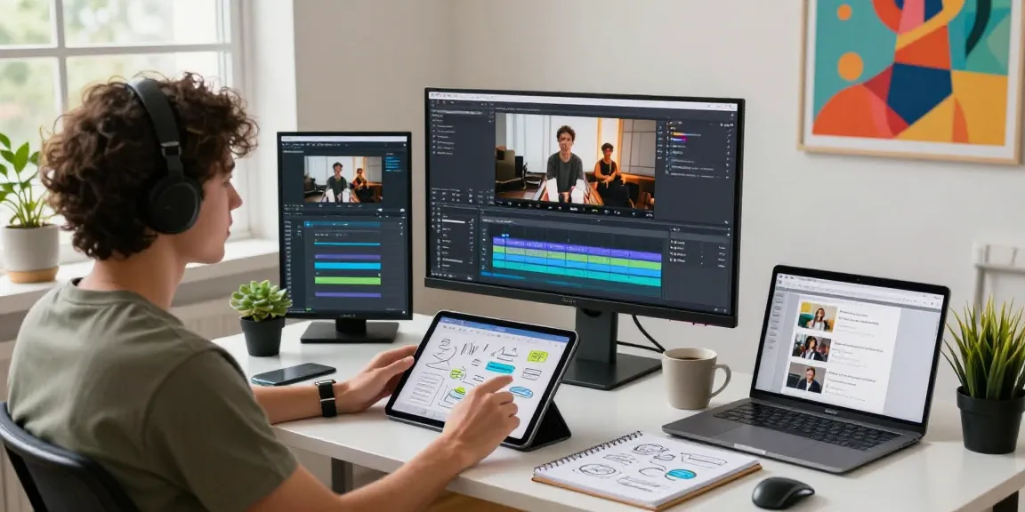 Video content creator analyzing prompt ai in a modern workspace filled with creativity and technology.