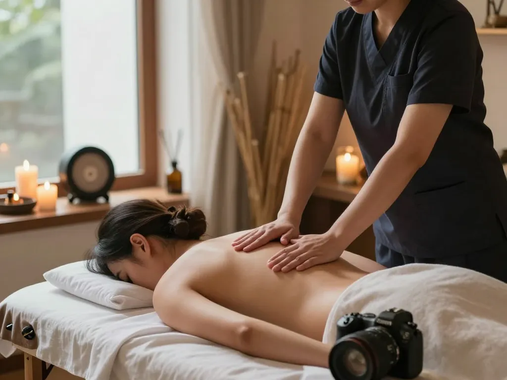 편안한 역삼동마사지 치료 장면, 치료사와 고객이 아늑한 환경에서