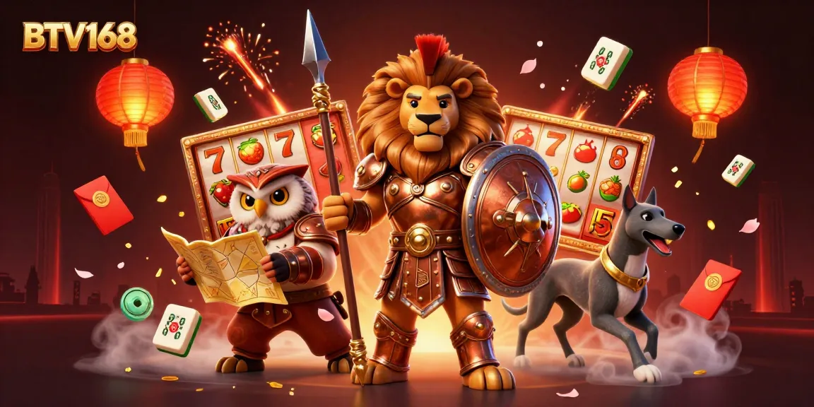 Experience the thrill of BTV168 with our dynamic 3D casino scene featuring a lion hero and lucky symbols.