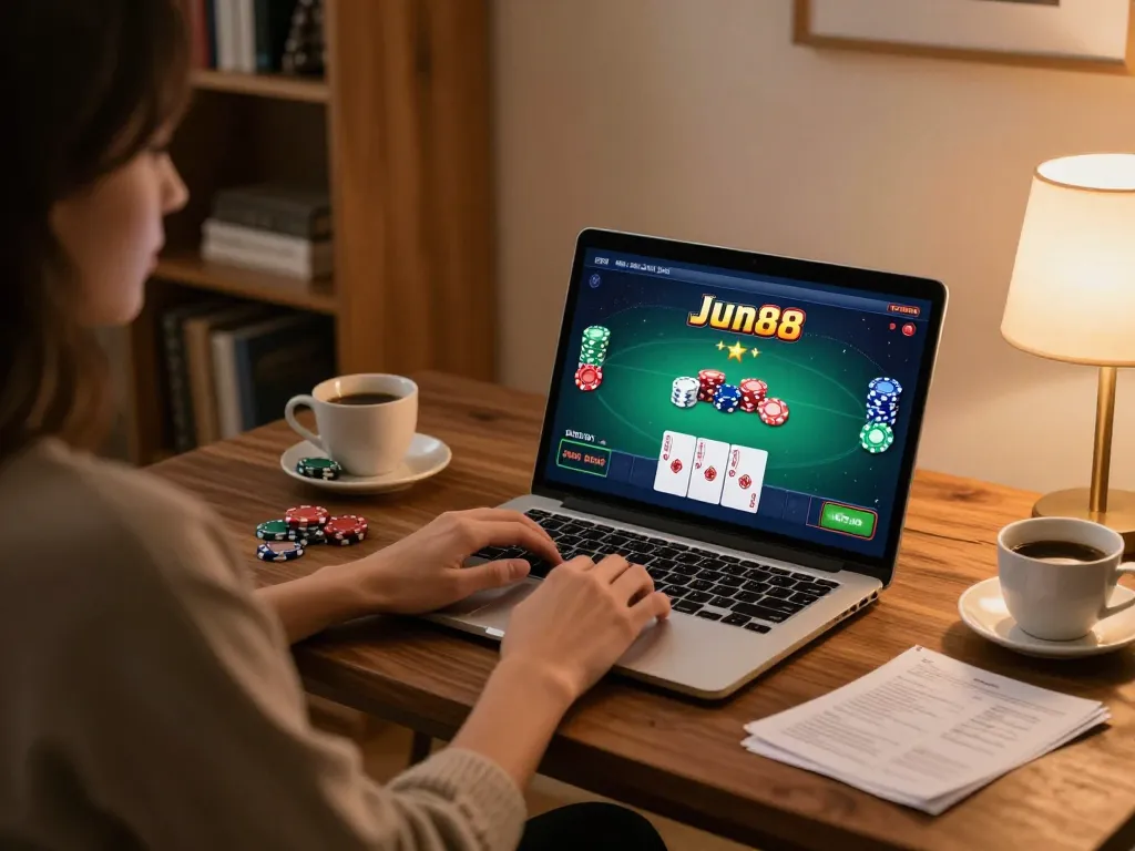 Engaging poker gameplay on Jun88 website at home with cozy atmosphere and strategic notes