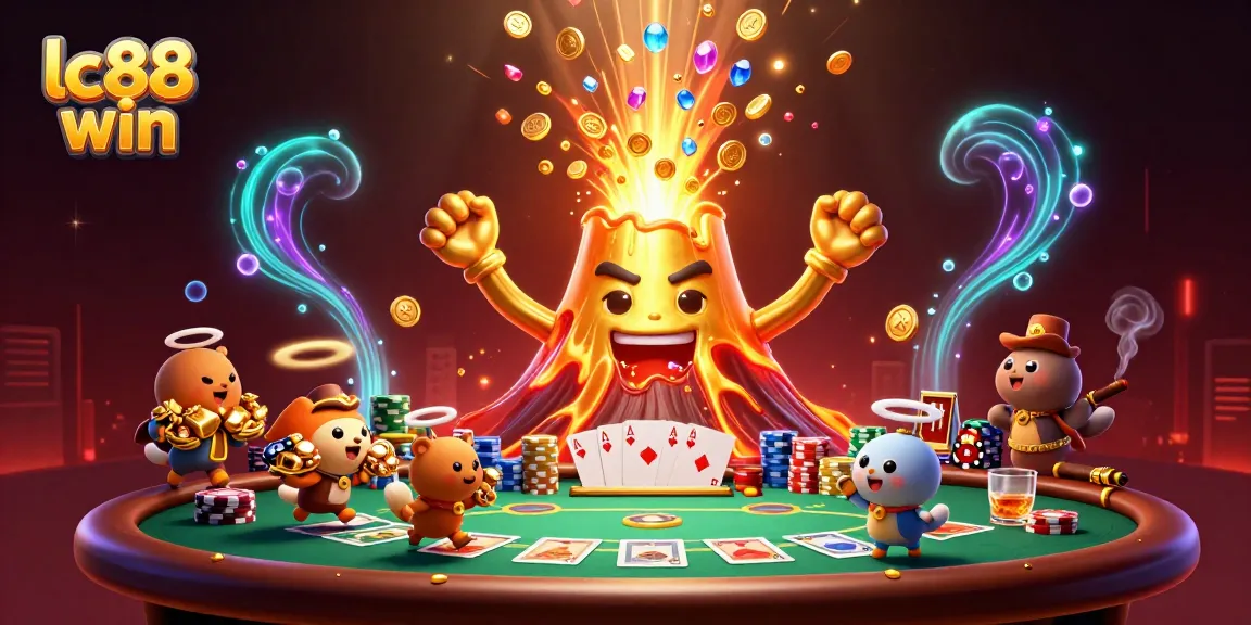 Experience excitement with lc88 win as a golden volcano erupts treasures amidst a vibrant casino scene.