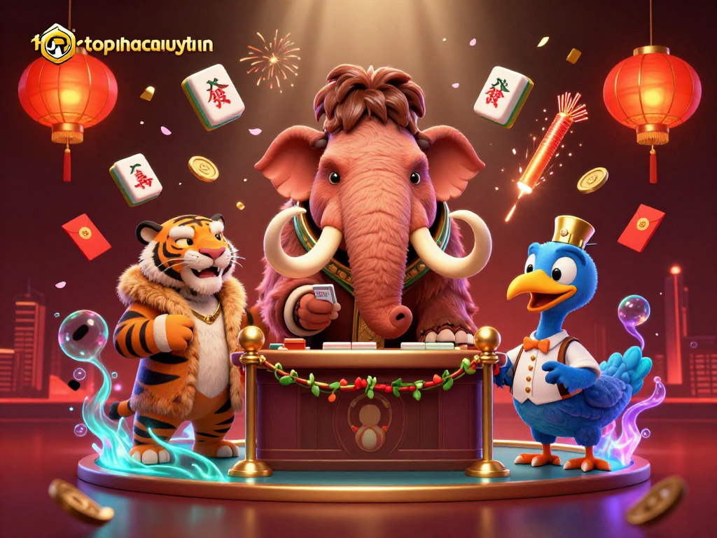 topnhacaiuytinn showcases a lively casino scene with a woolly mammoth bouncer and festive decor.