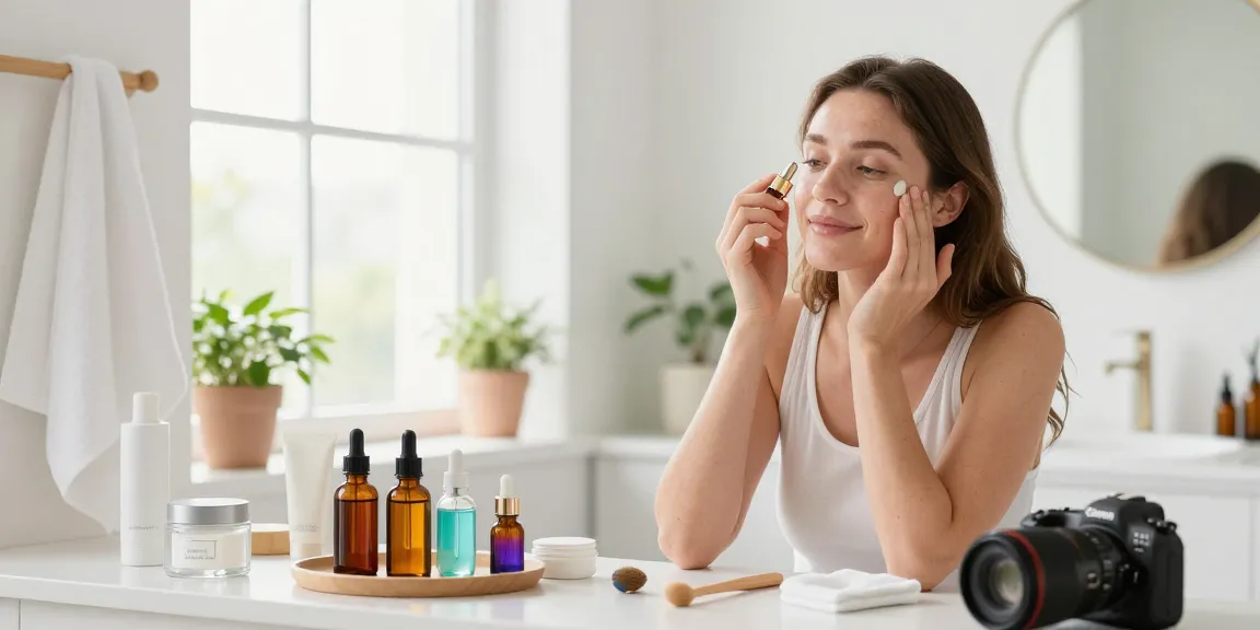 Femeie aplicând ser fata într-o baie vibrantă cu produse de îngrijire a pielii.