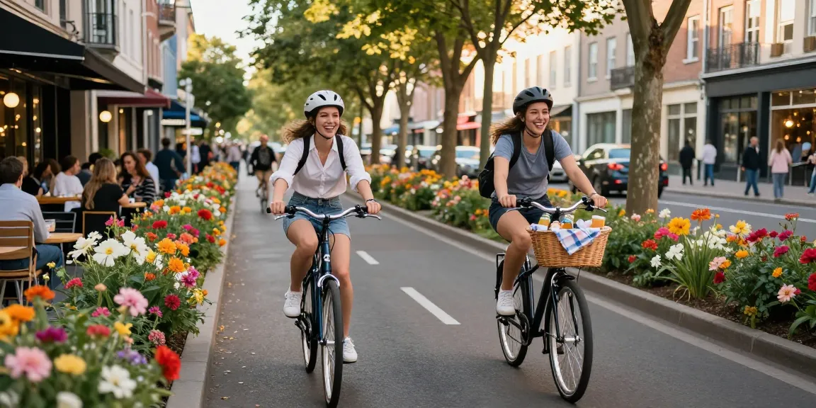 Doppio e-bike riders enjoying a vibrant city bike lane filled with flowers and local cafes.