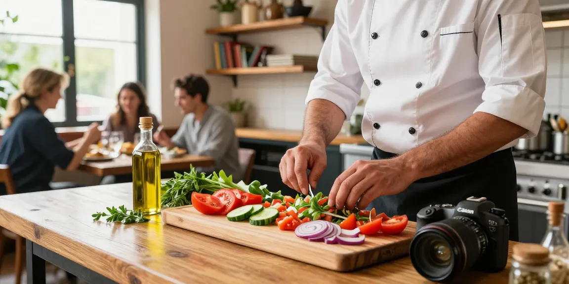 Best ensalada mixta near me: Chef preparing fresh ingredients in a vibrant kitchen.