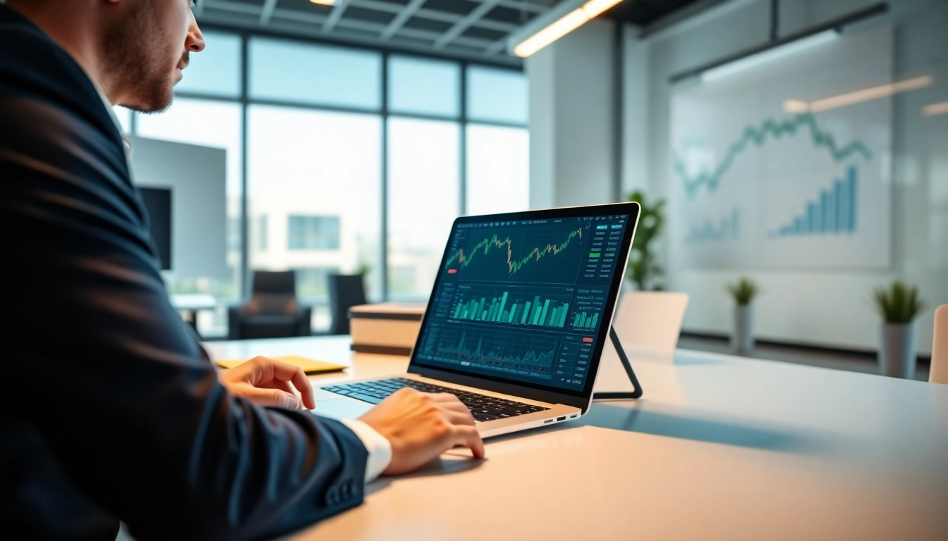 Engaged user analyzing a safe ETF trading app In Saudi Arabia on a laptop surrounded by financial graphics.