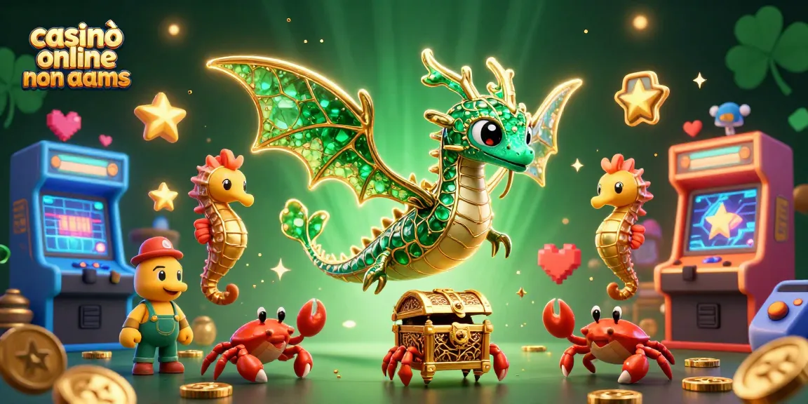 Scopri l'emozione dei casinò online non AAMS con un'illustrazione 3D vibrante di un drago marino e tesoro.