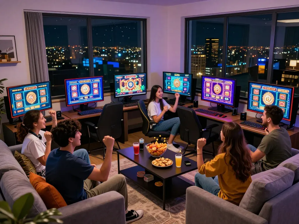 Teman-teman menikmati permainan situs slot dalam setup permainan yang cerah di rumah.