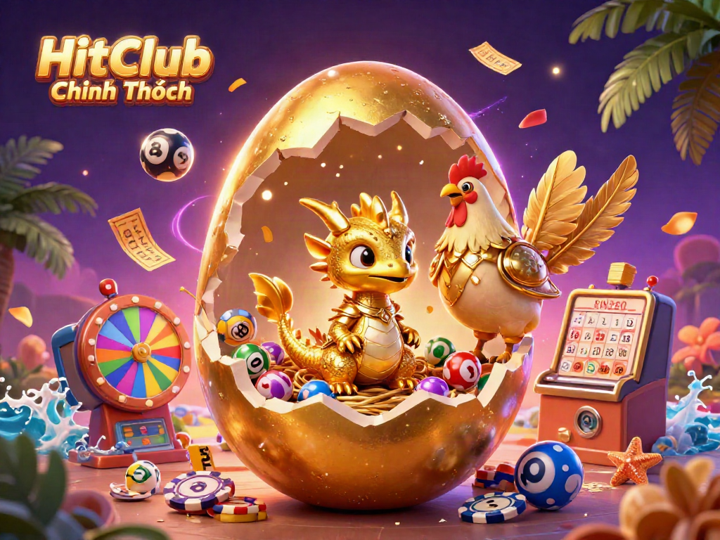 Winning at HitClub Chính Thức with a golden dragon and colorful lottery elements in a vibrant casino scene.