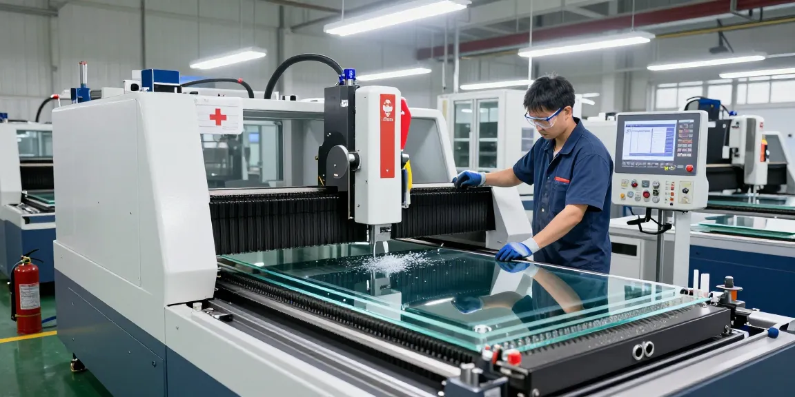 CNC glass cutting machine in action, highlighting precision in glass processing.