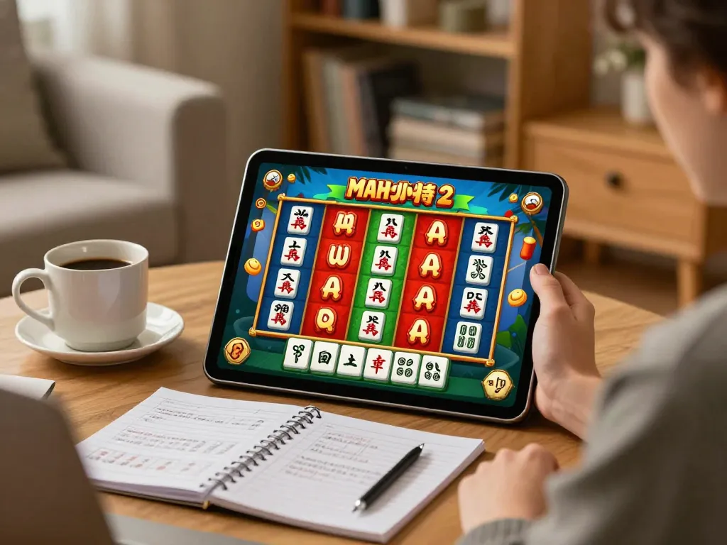 Player enjoys Mahjong Ways 2 slot game on tablet in cozy living room while tracking strategies.