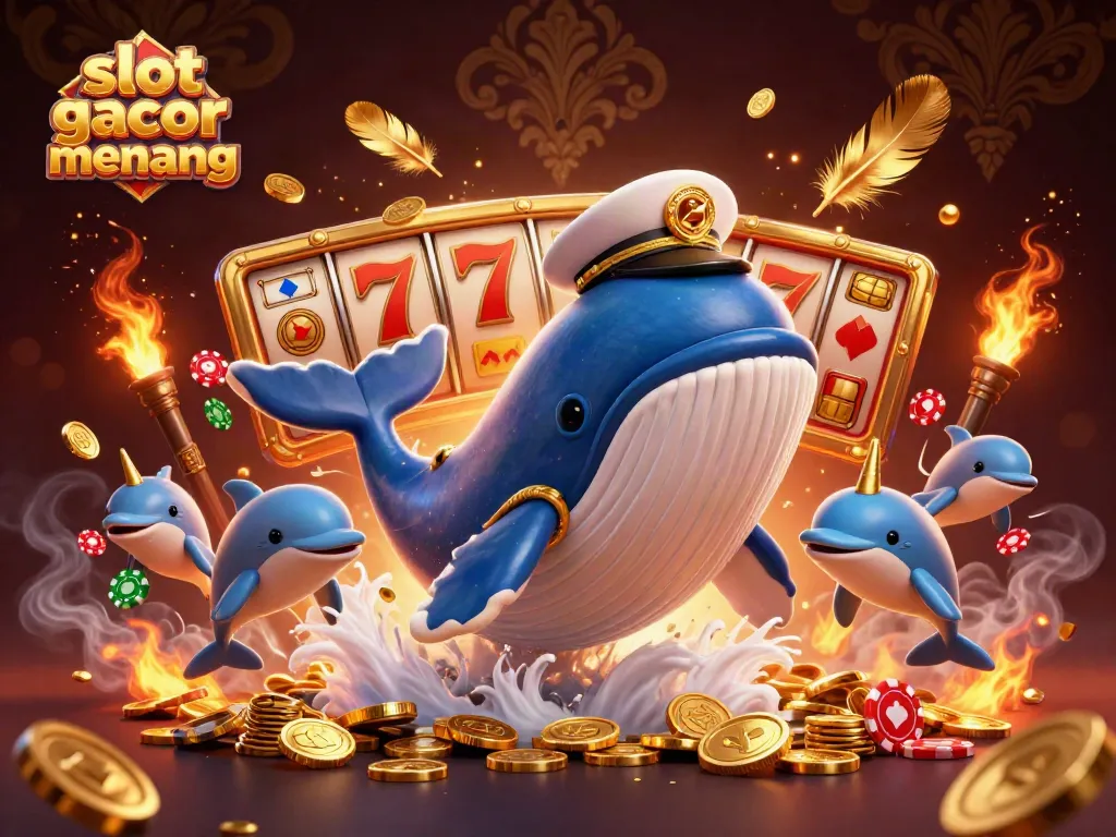 Slot gacor gampang menang: Ilustrasi kasino animasi dengan paus kartun dan slot beruntung.