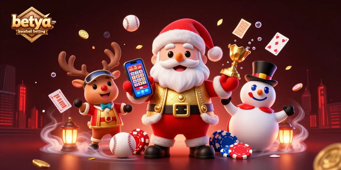 Engage in betya.com baseball betting with a vibrant casino-themed illustration featuring Santa Claus and friends.