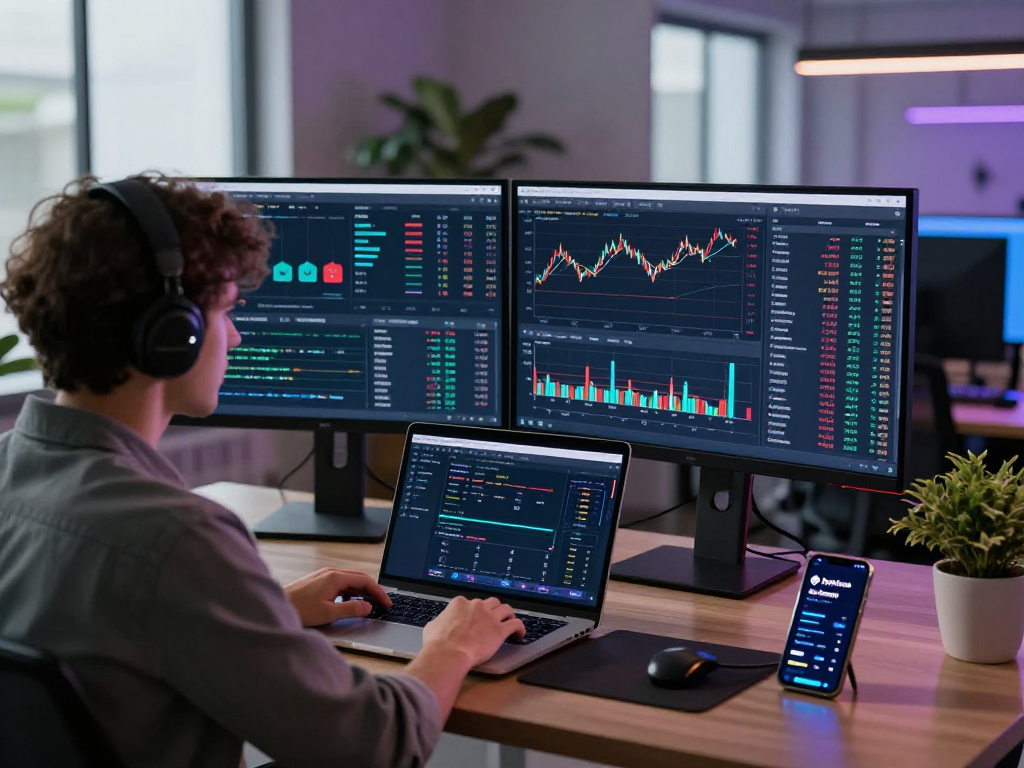 Kyber-swap user executing a trade in a modern cryptocurrency exchange setting, showcasing dynamic market analytics and digital trading tools.