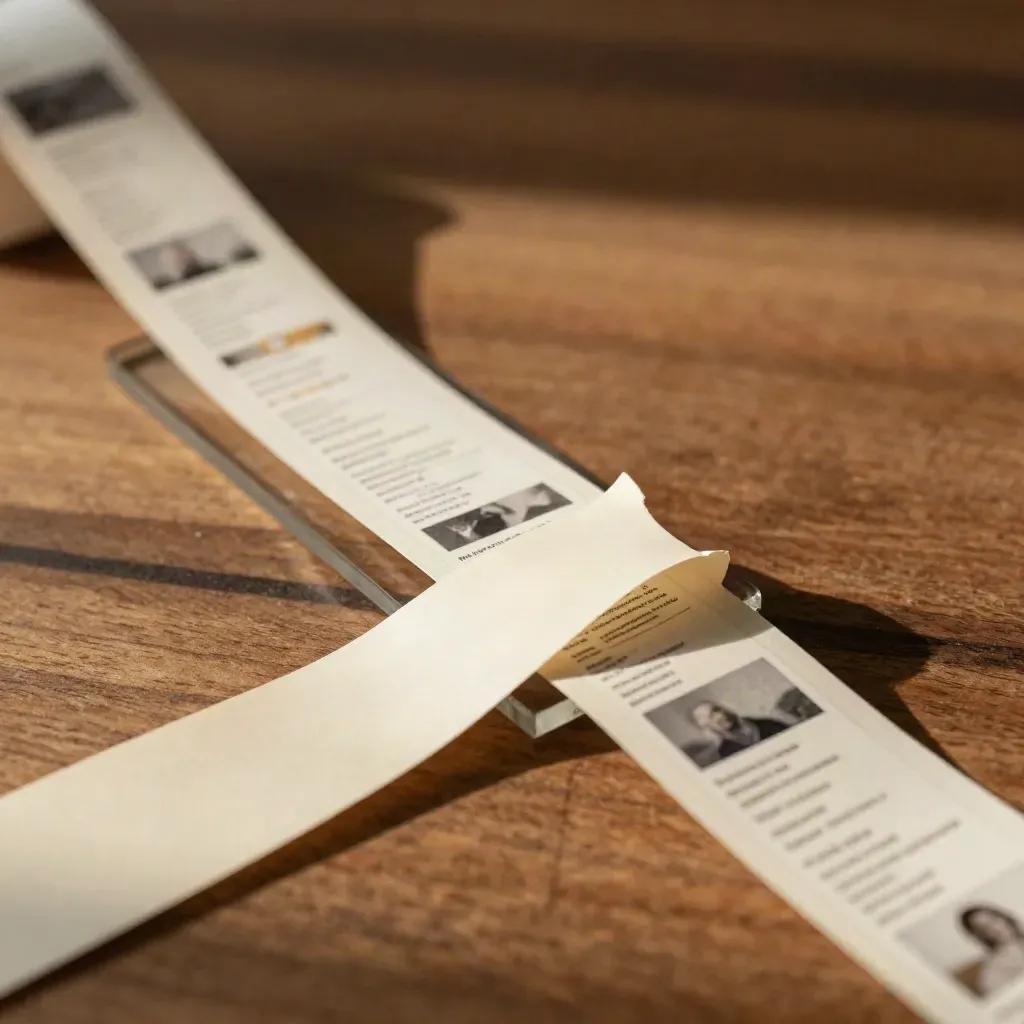 Ivory landing-page proof strip curling over a clear acrylic spacer on warm walnut.