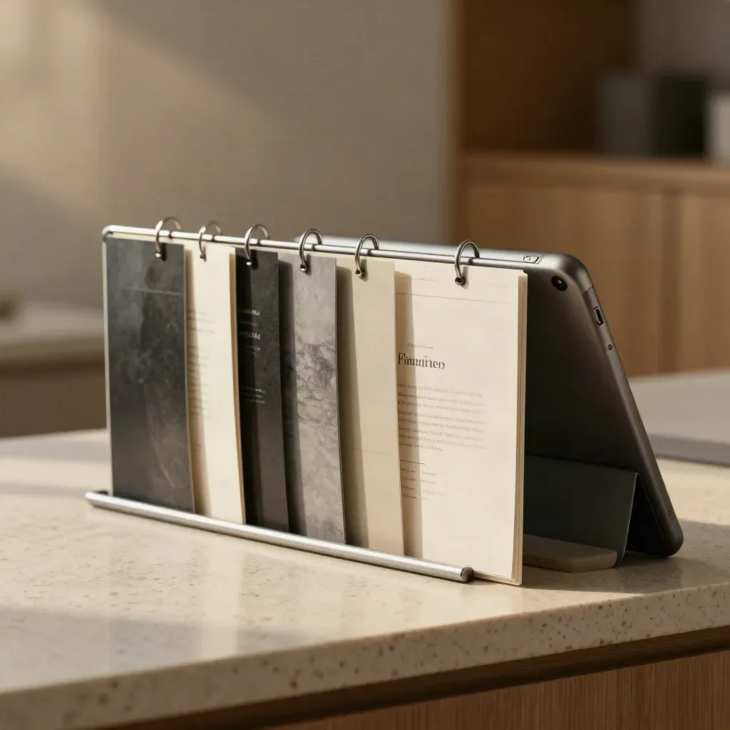 Homepage cards clipped into a metal rail beside a closed tablet on travertine, lit by warm dust-filled sun.