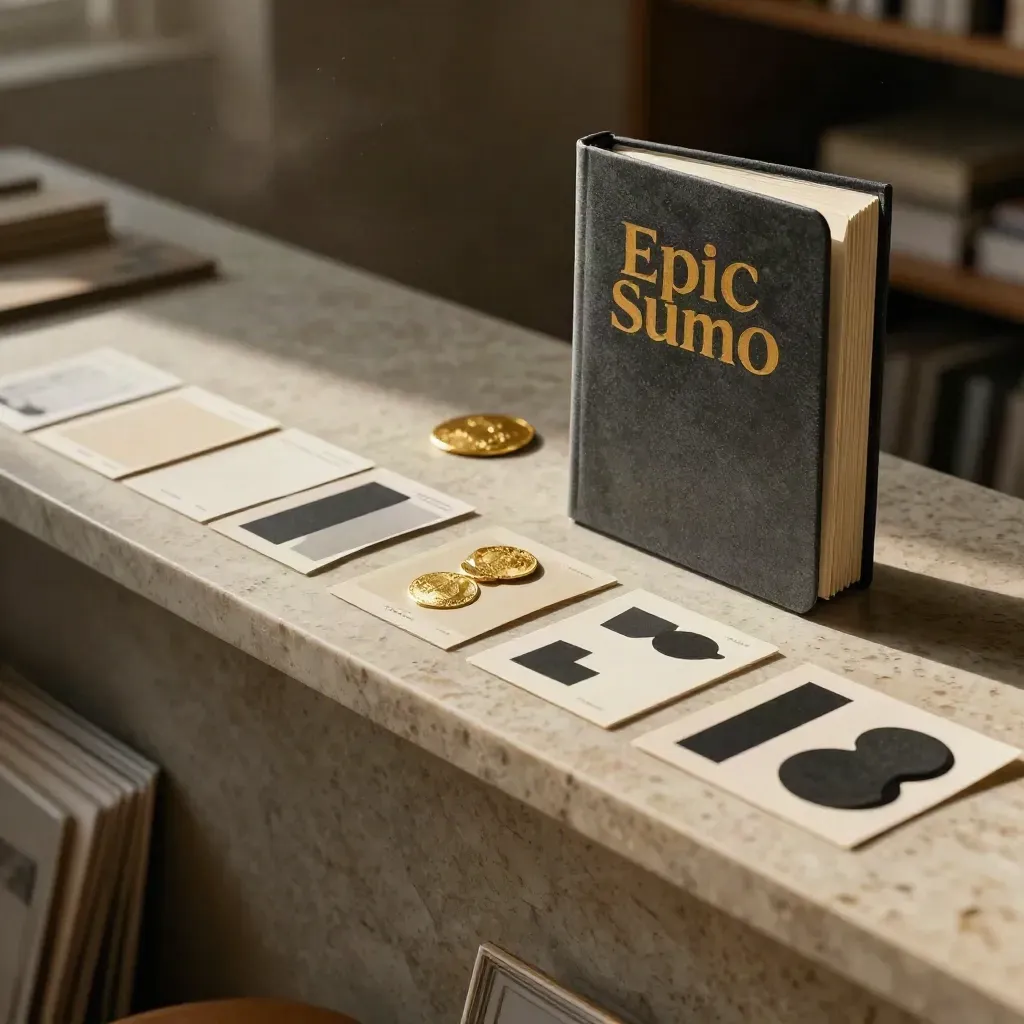 Premium brand identity materials arranged with swatches, type blocks, and a charcoal rule-book case.