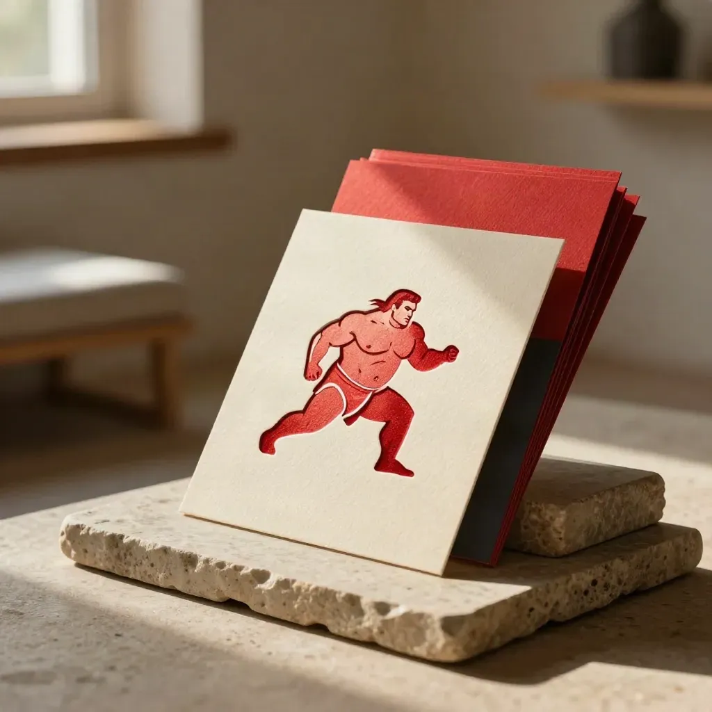 Ivory logo proofs and a crimson foil sample fanned on a stone plinth in warm window light.