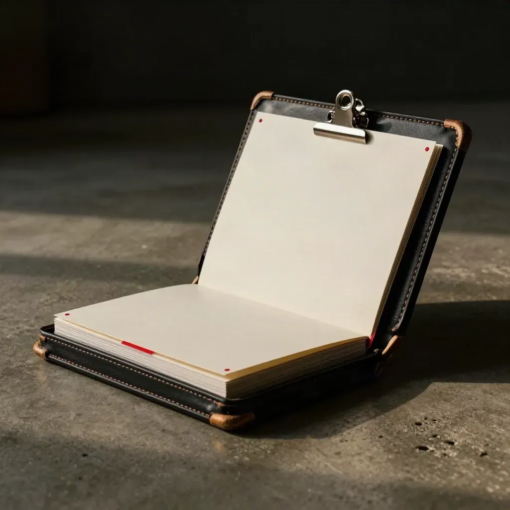 Open leather portfolio with investor boards and metal clip on a dark floor in dramatic light