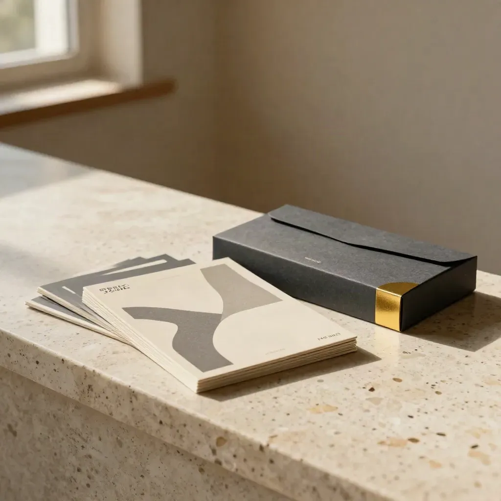 Launch kit with social tiles, a gold-tab mailer box, and slim sleeves on a travertine ledge.