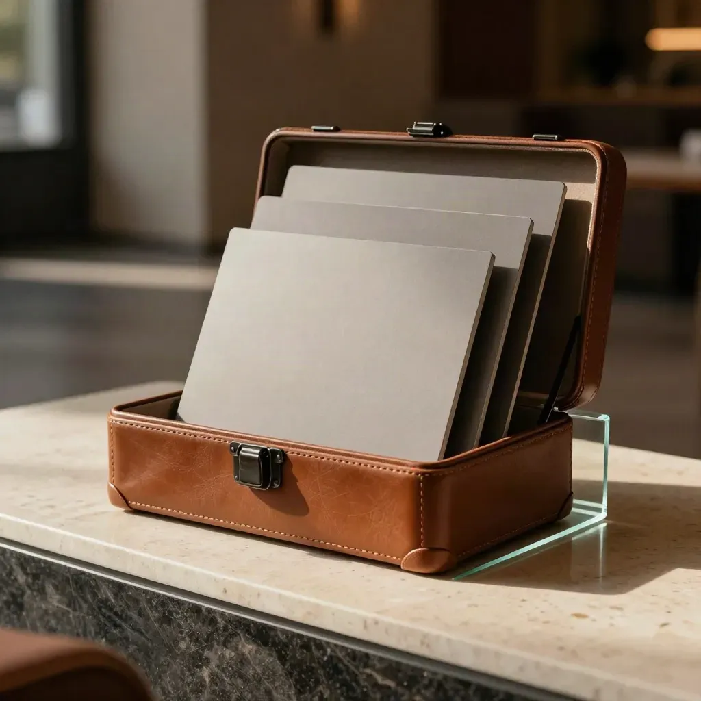 Leather presentation case with matte site boards on travertine in a quiet lobby