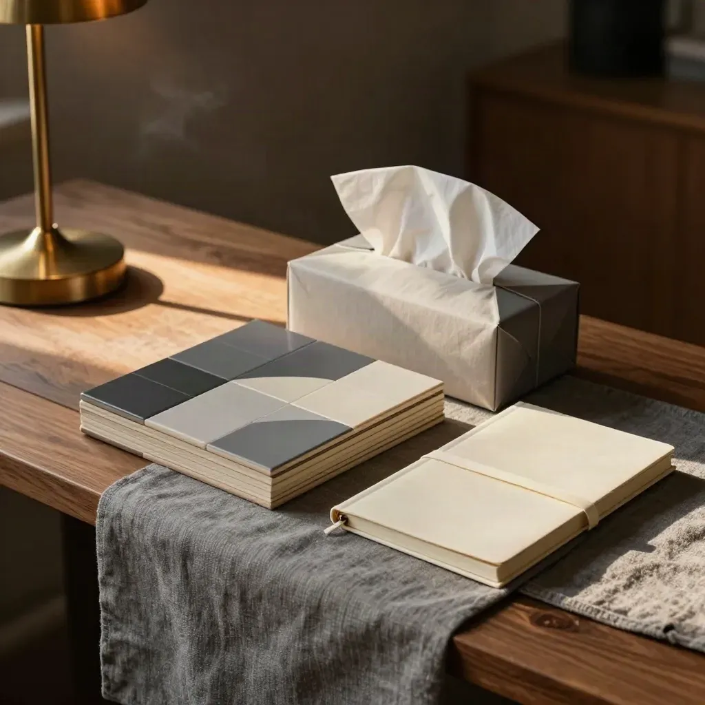 Closed launch bundle of social tiles, a media box, and a banded notebook beside a warm lamp glow.