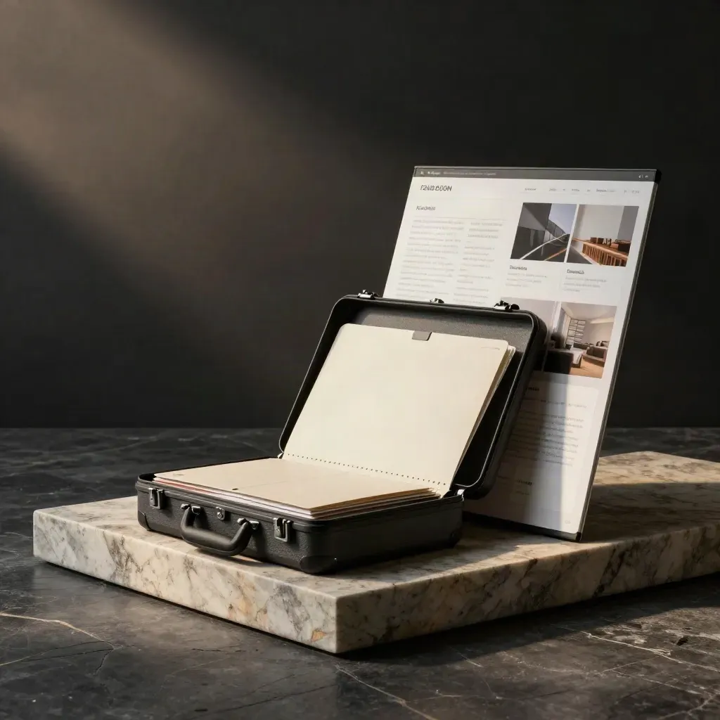 Charcoal coaching brand kit on stone, with folder, boards, and open case in moody light.