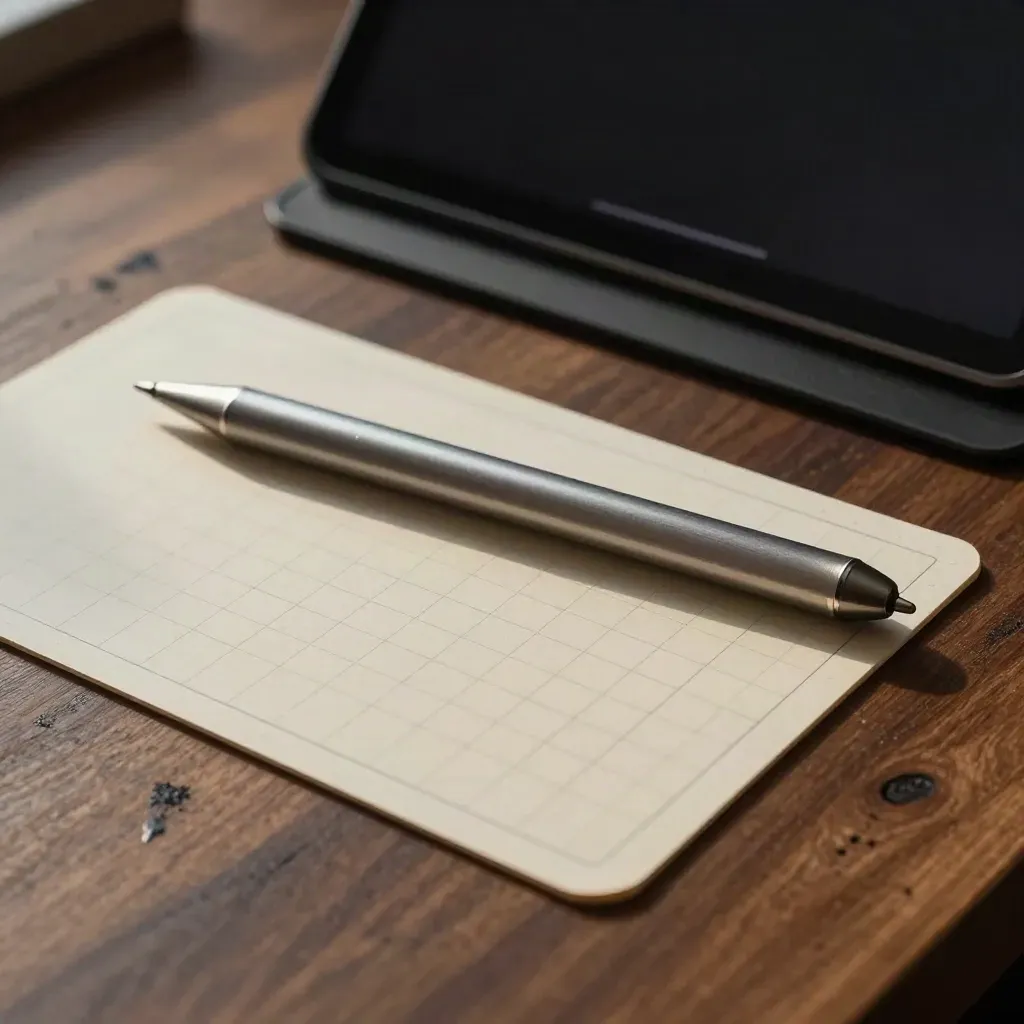 Wireframe cards, stylus, and dark tablet stand in a dramatic studio still life.