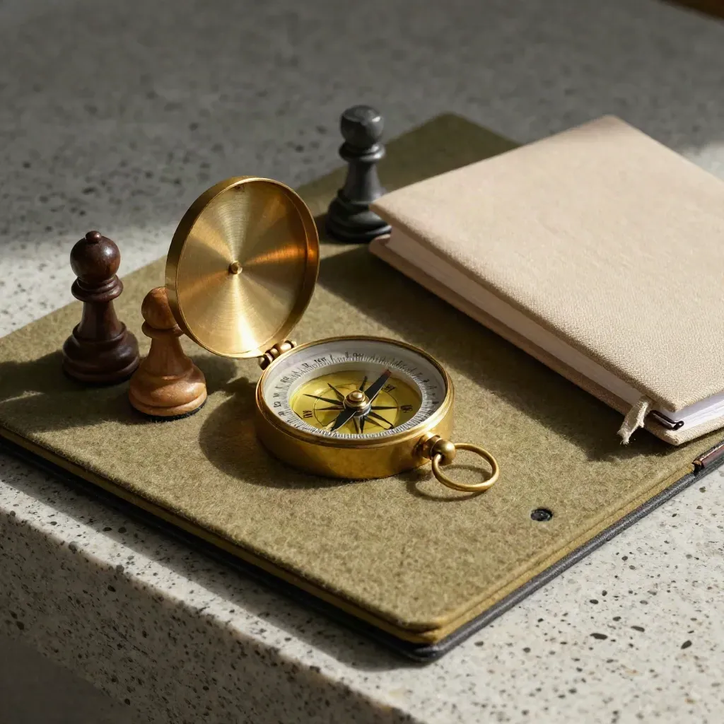 Brass compass, index tabs, chess pieces and a closed notebook on a khaki planning surface.