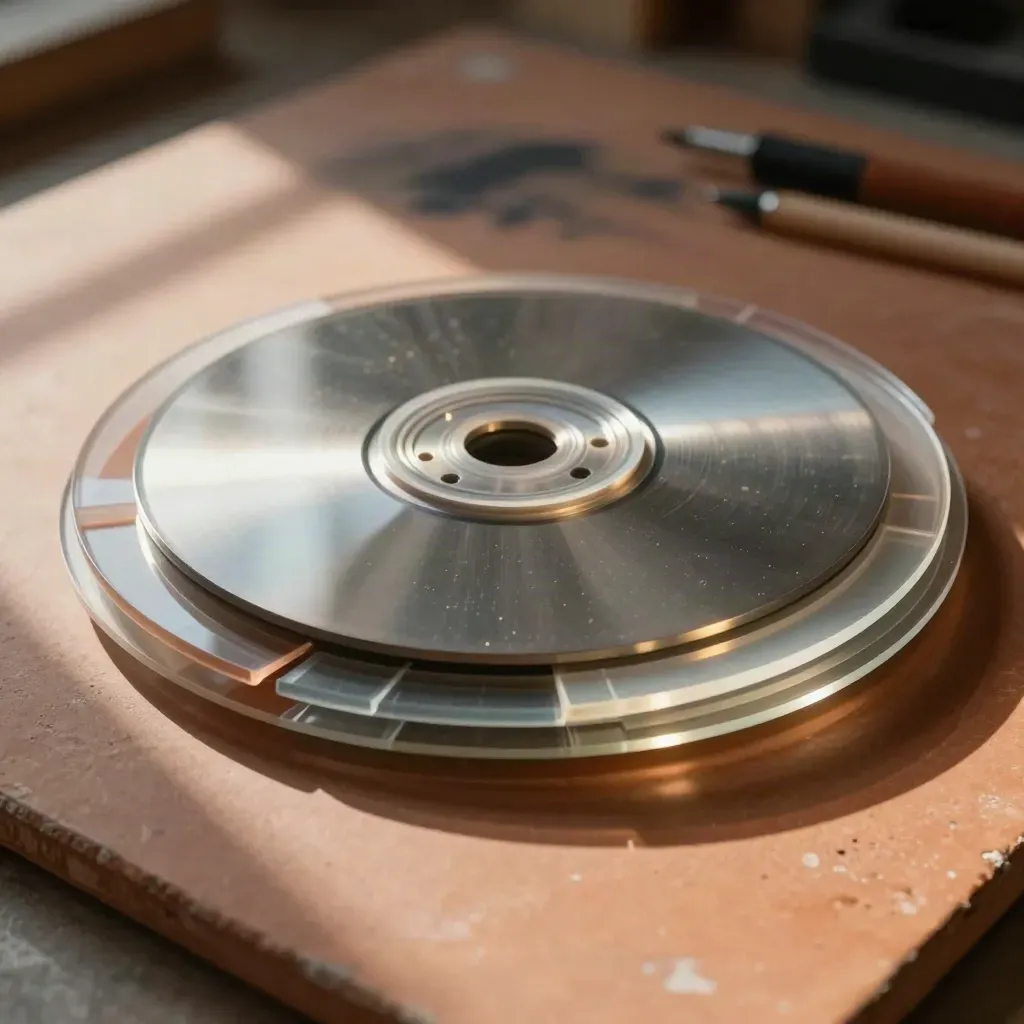 Translucent motion frames, rotor disc, and acrylic chips in a circular studio still life.