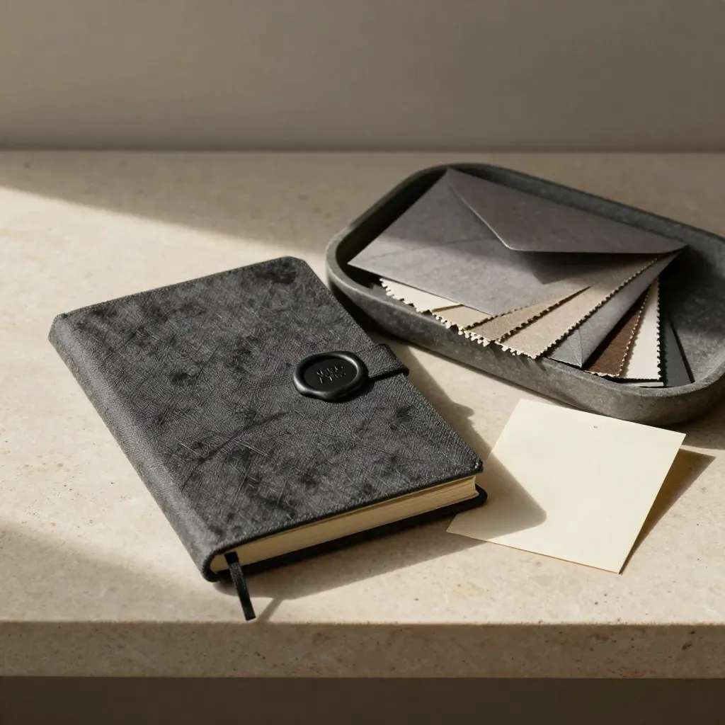 Charcoal notebook, sealed envelope, and swatches in a stone tray on a limestone shelf.