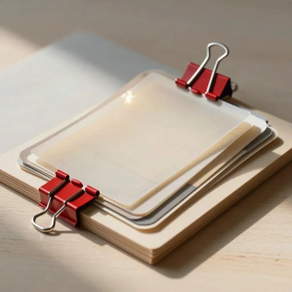 Tracing-film overlays clipped to a sample board on pale wood with a crimson binder clip.