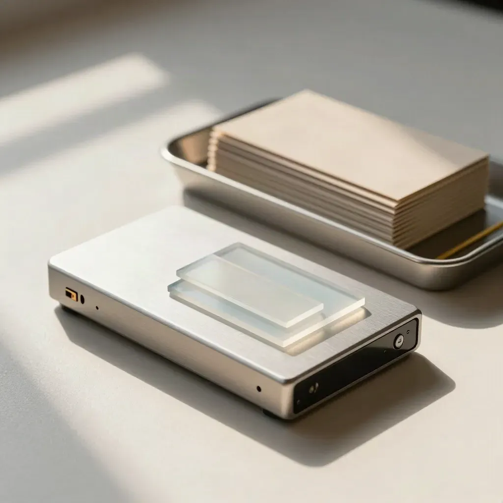 Brushed-aluminum drive, acrylic tiles, and neutral sleeves in a shallow tray on plaster