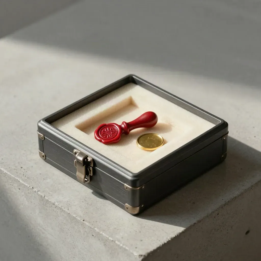 Top-down courier case with foam insert, wax seal, and brass token on cool concrete.