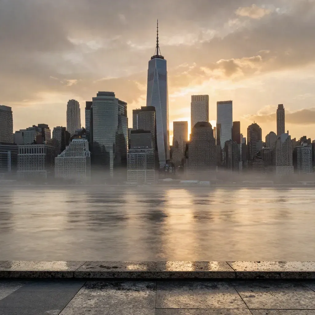 Manhattan skyline over the Hudson at sunset, misty high rooftop view, calm copy space below