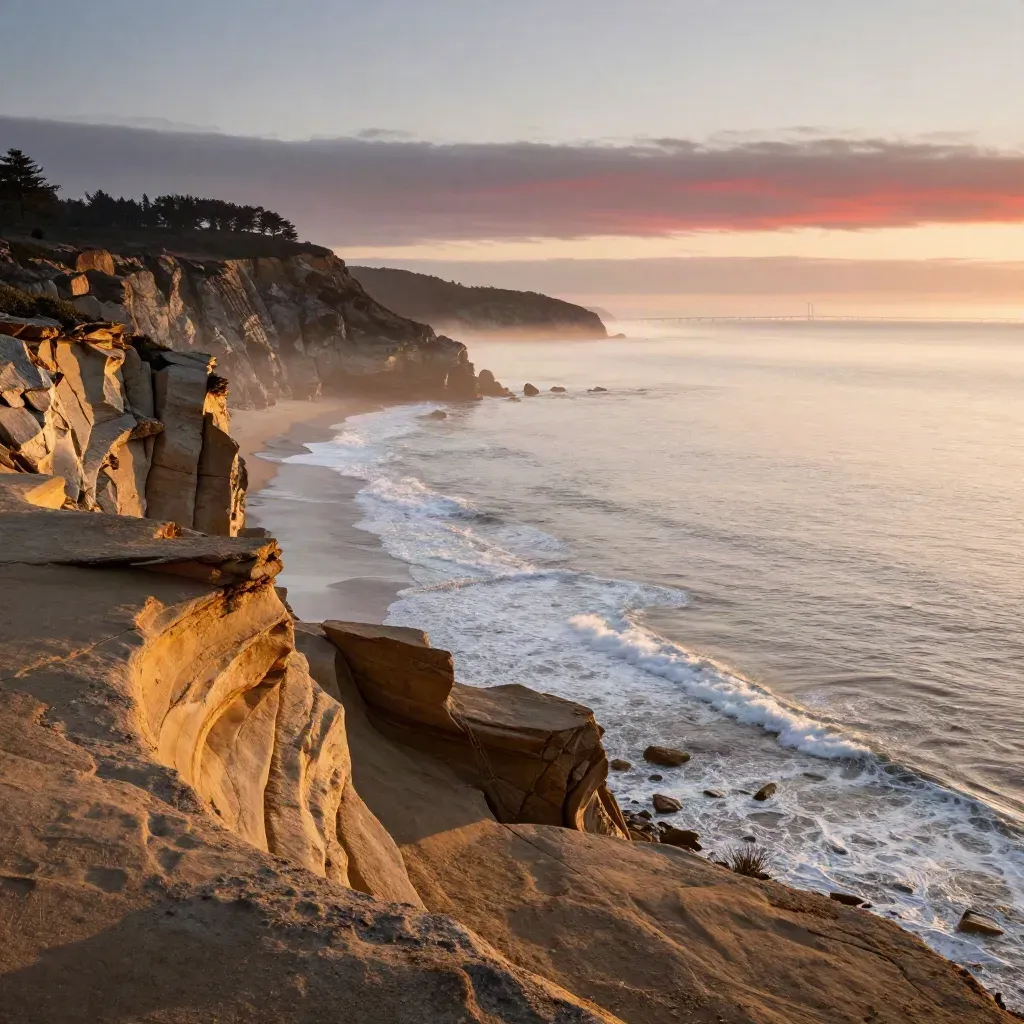 Golden coastal bluff, distant bridge, surf lines, and hazy cliffs at sunset.