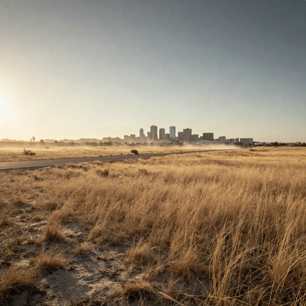 Texas prairie with hazy skyline, road seam, and golden heat shimmer under a vast sky.