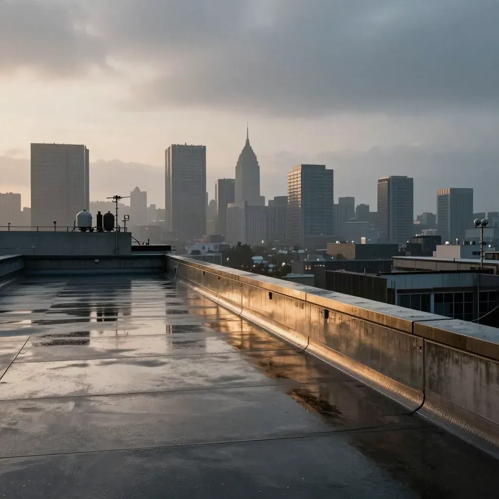Rain-slick rooftop at blue hour with distant city silhouettes and misty cloud deck