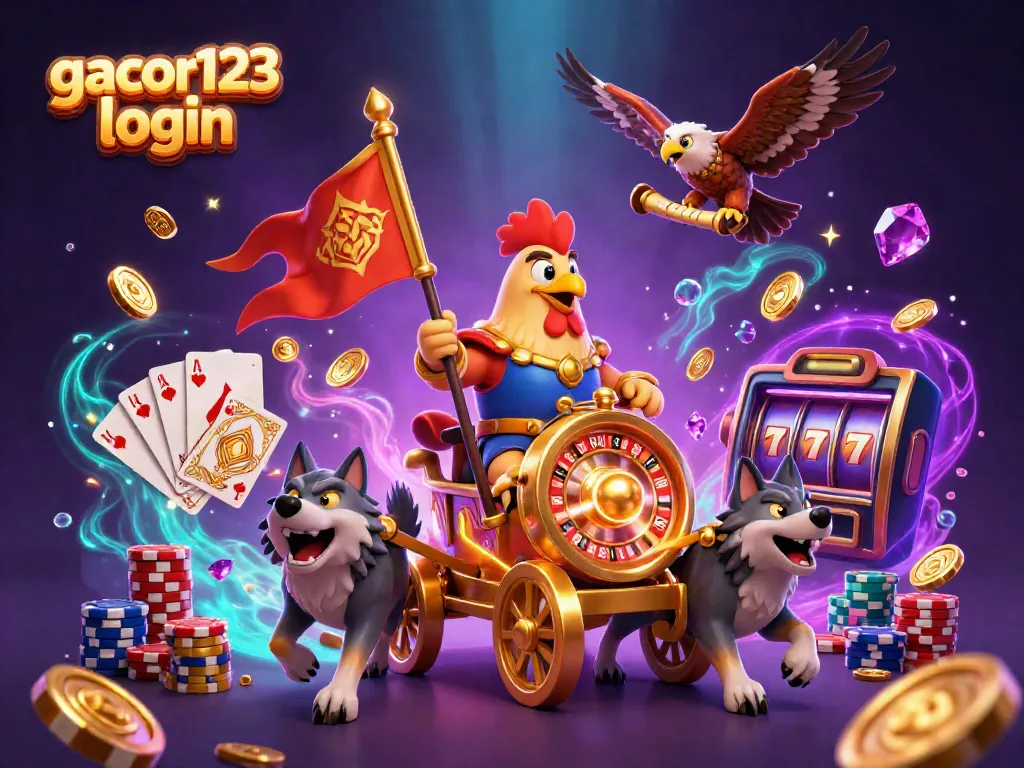 Experience the excitement of gacor123 login with a vibrant casino-themed illustration featuring a warrior rooster, chariot, and golden elements.